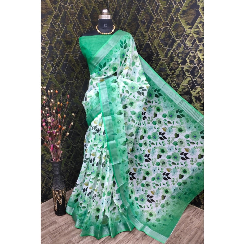Green cotton linen woven saree with unstitched blouse, 5.5mtr length on mannequin