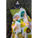Green cotton linen woven design saree with unstitched blouse, 5.5mtr (closely resembles image)