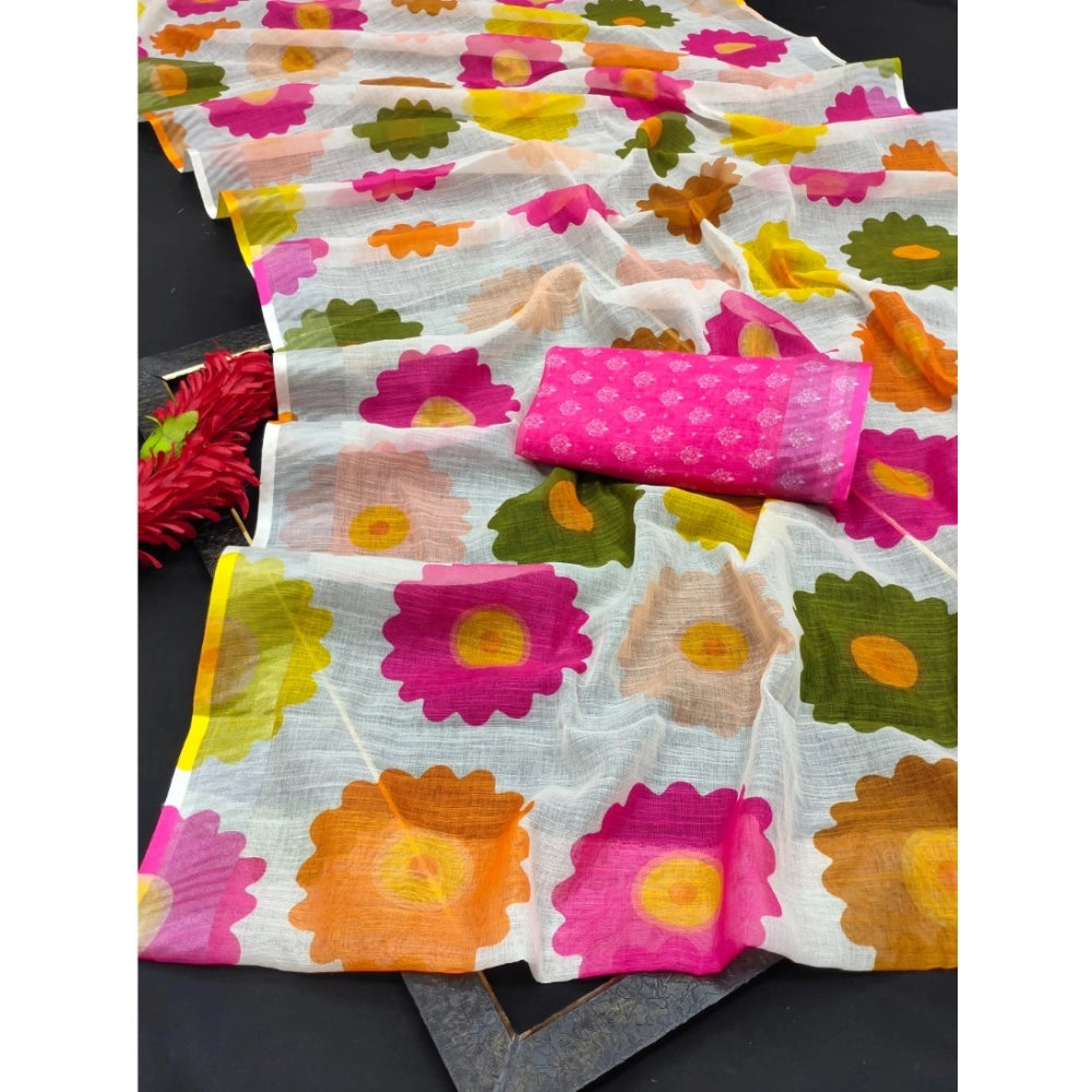 Pink cotton linen woven saree with unstitched blouse, 5.5Mtr length on model