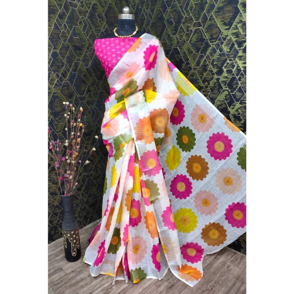Pink cotton linen woven design saree with unstitched blouse (5.5mtr)