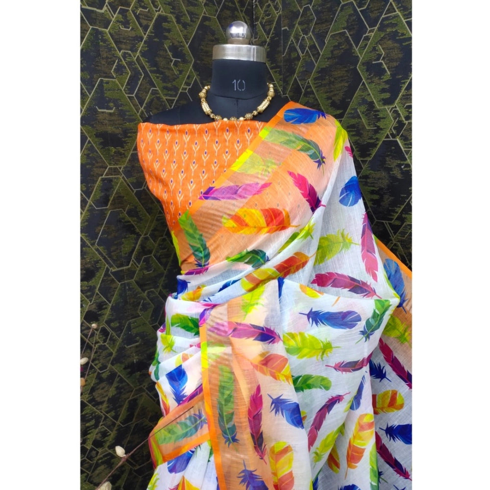 Orange cotton linen woven saree with unstitched blouse, 5.5mtr length