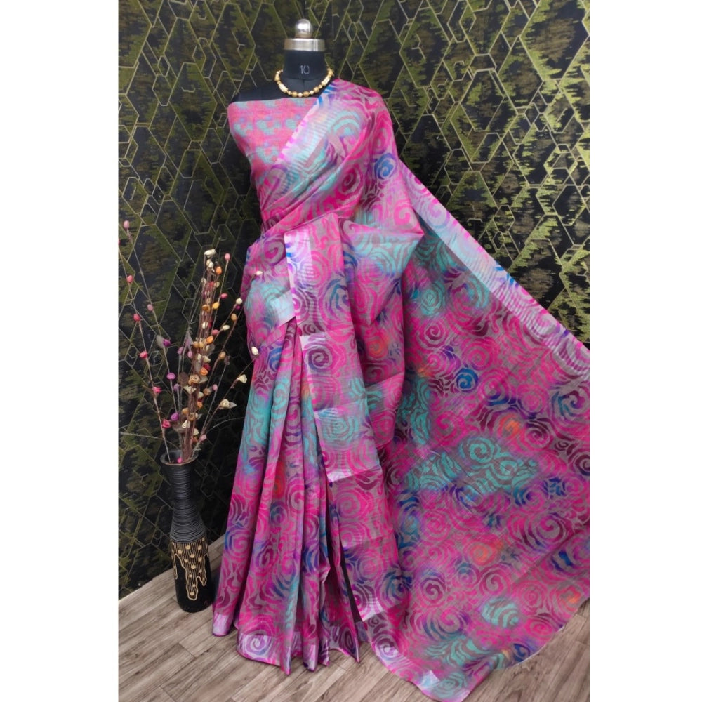Pink cotton linen woven saree with unstitched blouse, 5.5Mtr length