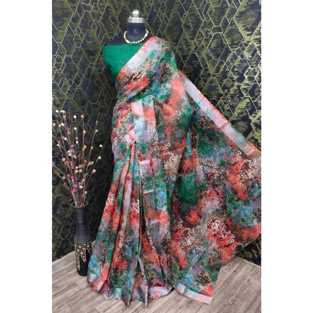 Green cotton linen woven design saree with unstitched blouse, 5.5mtr - stylish ethnic Indian wear for women