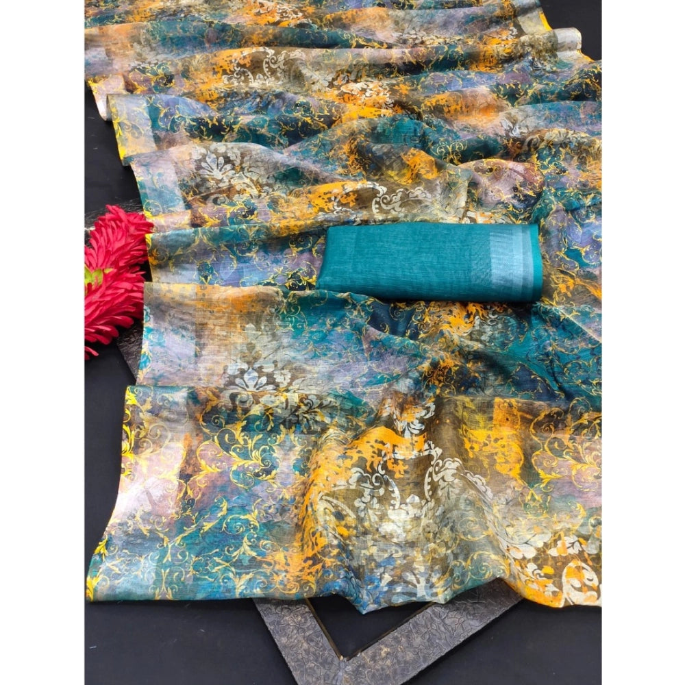 Multi-colored cotton linen saree with unstitched blouse, 5.5mtr length on clothing hanger