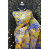 Yellow cotton linen woven saree with unstitched blouse (5.5mtr), traditional Indian attire for women