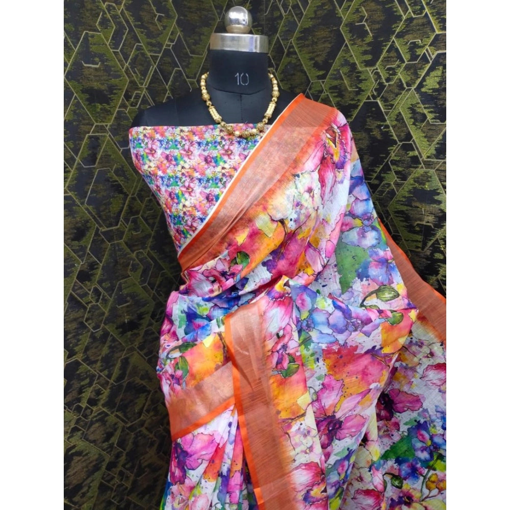Orange cotton linen printed saree with unstitched blouse, vibrant ethnic wear for women