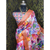 Orange cotton linen printed saree with unstitched blouse, vibrant ethnic wear for women