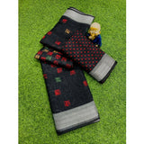 Black cotton linen digital print saree with unstitched blouse, 5.5mtr length