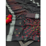Black cotton linen digital print saree with unstitched blouse, 5.5mtr length for women's traditional wear