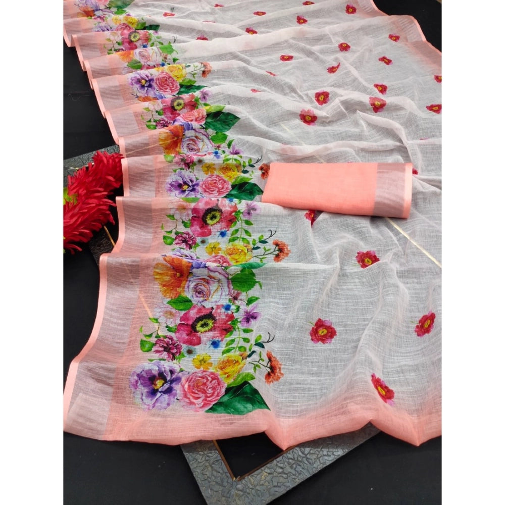 Peach cotton linen woven saree with unstitched blouse (5.5mtr) - vibrant traditional Indian attire for women