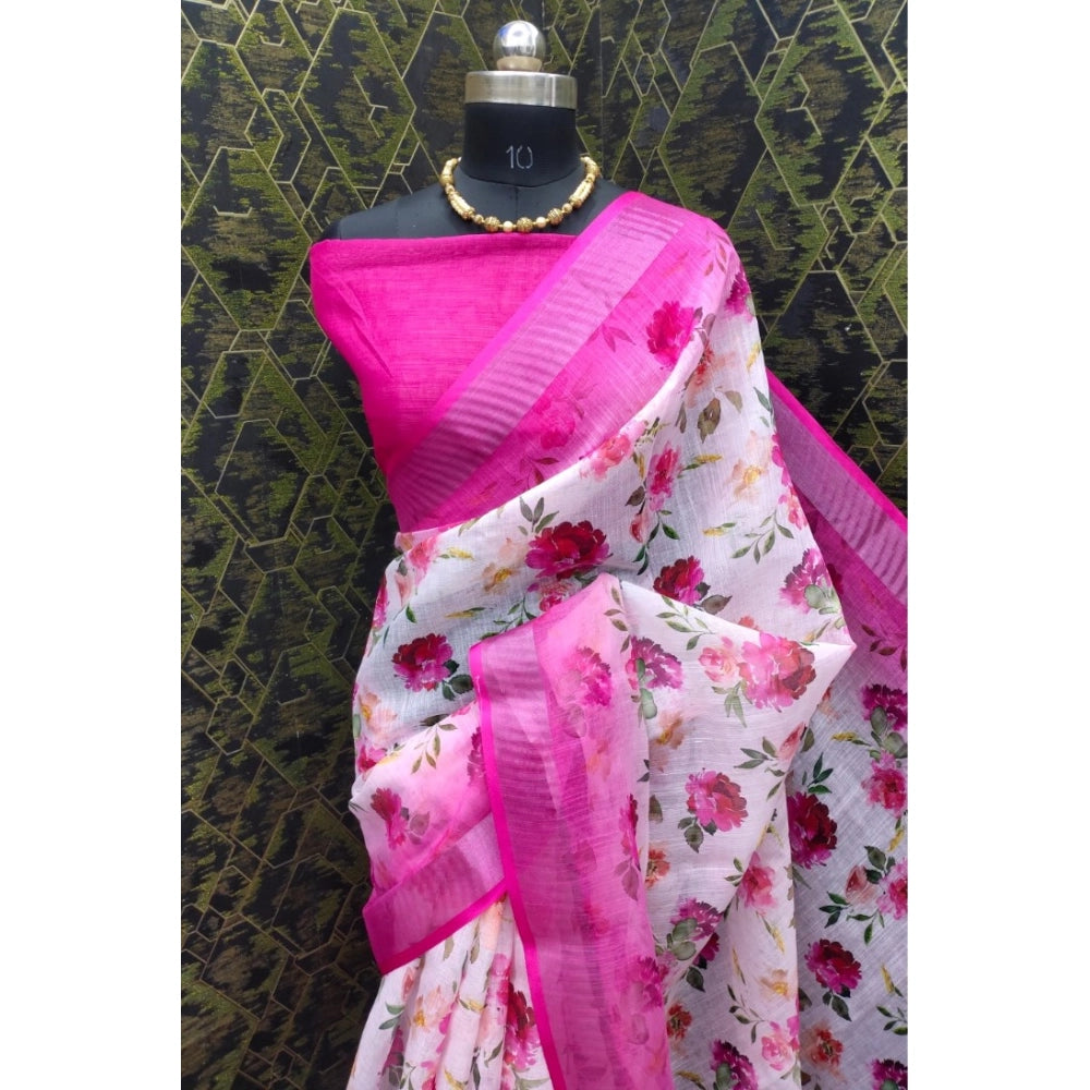 Pink cotton linen woven design saree with unstitched blouse (5.5mtr) on model