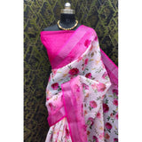 Pink cotton linen woven design saree with unstitched blouse (5.5mtr) on model