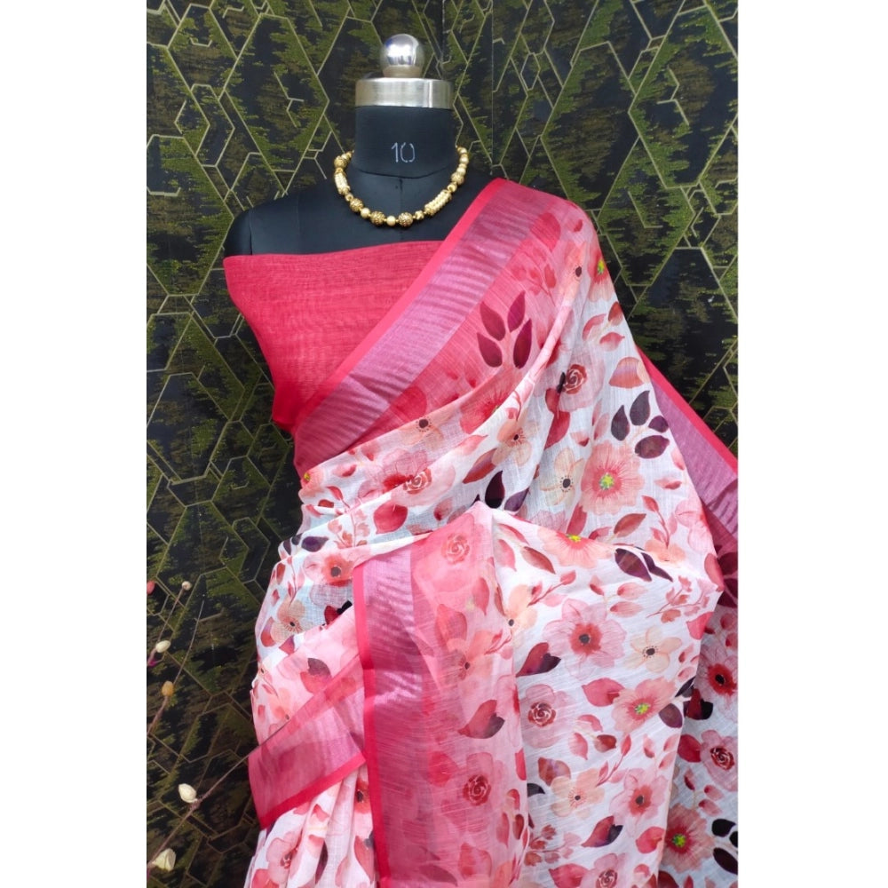 Red cotton linen woven saree with unstitched blouse, 5.5mtr length