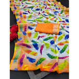 Orange cotton linen woven design saree with unstitched blouse (5.5mtr) on model