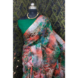 Green cotton linen woven saree with unstitched blouse, 5.5Mtr length for traditional Indian wear
