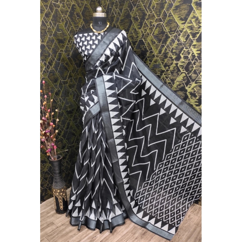 Black cotton linen woven design saree with unstitched blouse (5.5Mtr) - intricate pattern, perfect for traditional wear