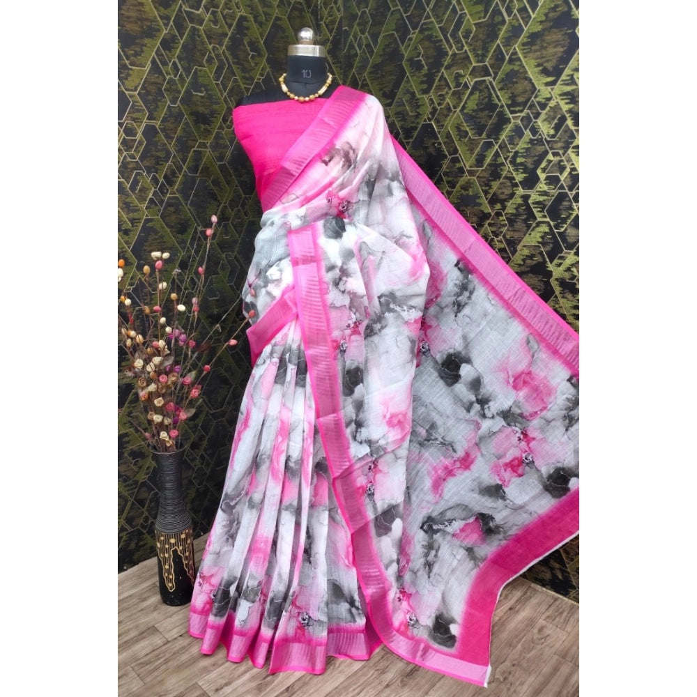 Pink cotton linen woven design saree with unstitched blouse, 5.5mtr length