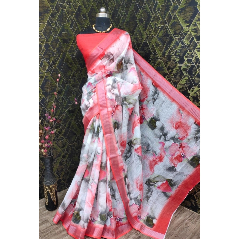 Red cotton linen woven saree with unstitched blouse (5.5mtr) - traditional Indian attire for women