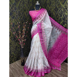 Pink cotton linen woven saree with unstitched blouse (5.5Mtr) - traditional Indian fashion wear on mannequin
