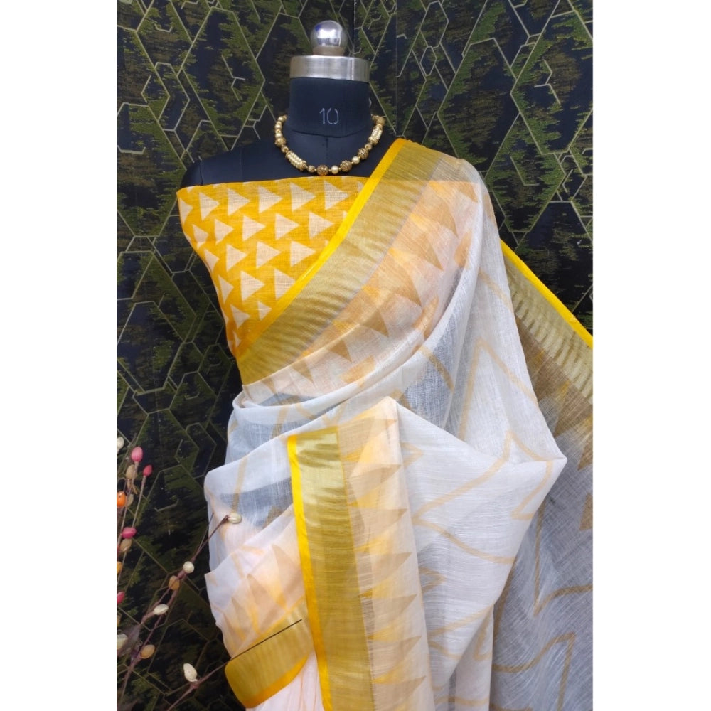 Yellow cotton linen woven design saree with unstitched blouse, 5.5Mtr length