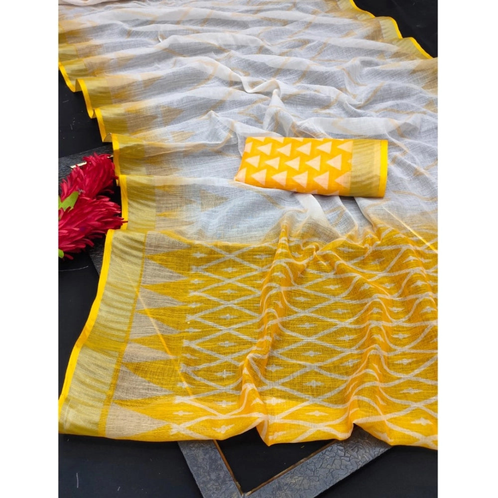 Yellow cotton linen woven design saree with unstitched blouse (5.5mtr)