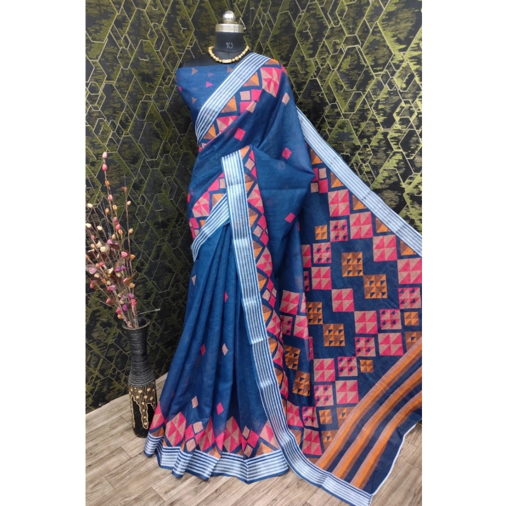 Blue cotton linen digital print saree with unstitched blouse, 5.5Mtr