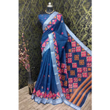 Blue cotton linen digital print saree with unstitched blouse, 5.5Mtr