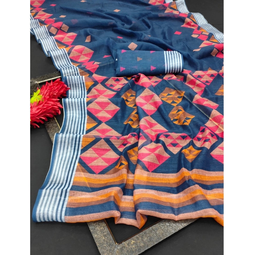 Blue cotton linen digital print saree with unstitched blouse (5.5Mtr)