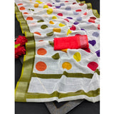 Multicolor cotton linen printed saree with unstitched blouse (5.5Mtr), vibrant Indian attire for women