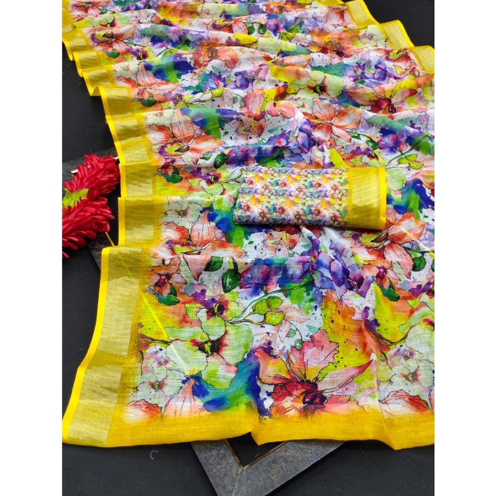 Yellow cotton linen printed saree with unstitched blouse, vibrant floral pattern on traditional Indian wear