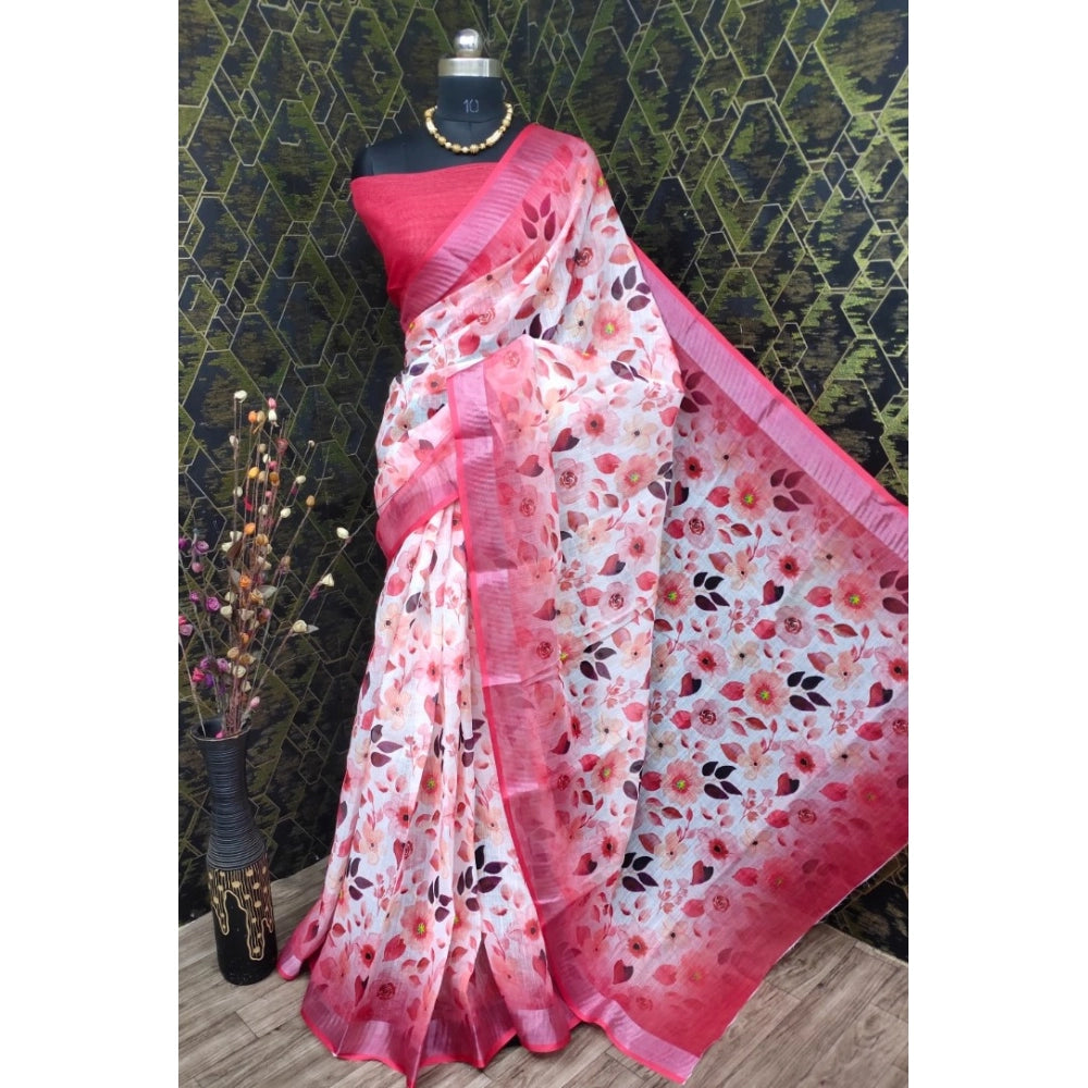 Red cotton linen woven saree with unstitched blouse, vibrant design for traditional Indian wear