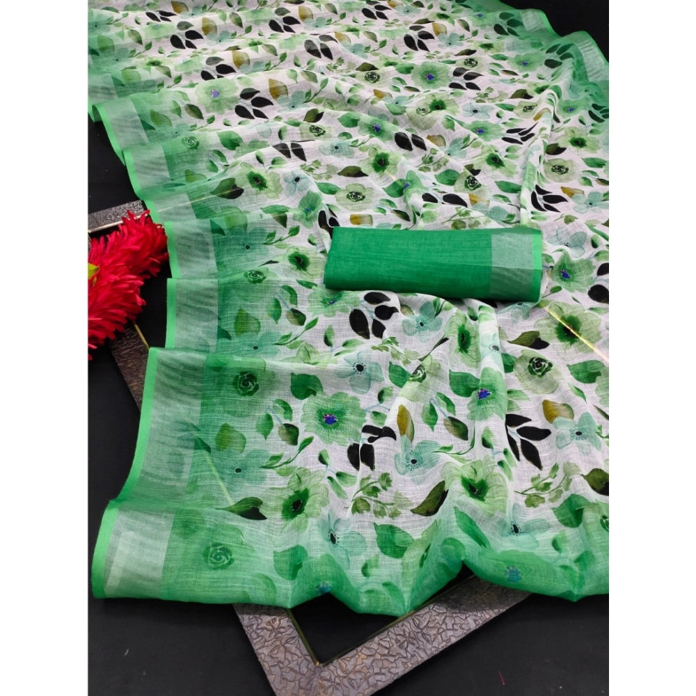 Green cotton linen woven saree with unstitched blouse (5.5mtr), traditional Indian fashion attire