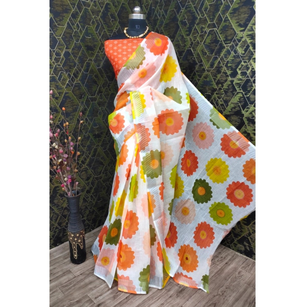 Orange cotton linen woven saree with unstitched blouse, 5.5mtr length
