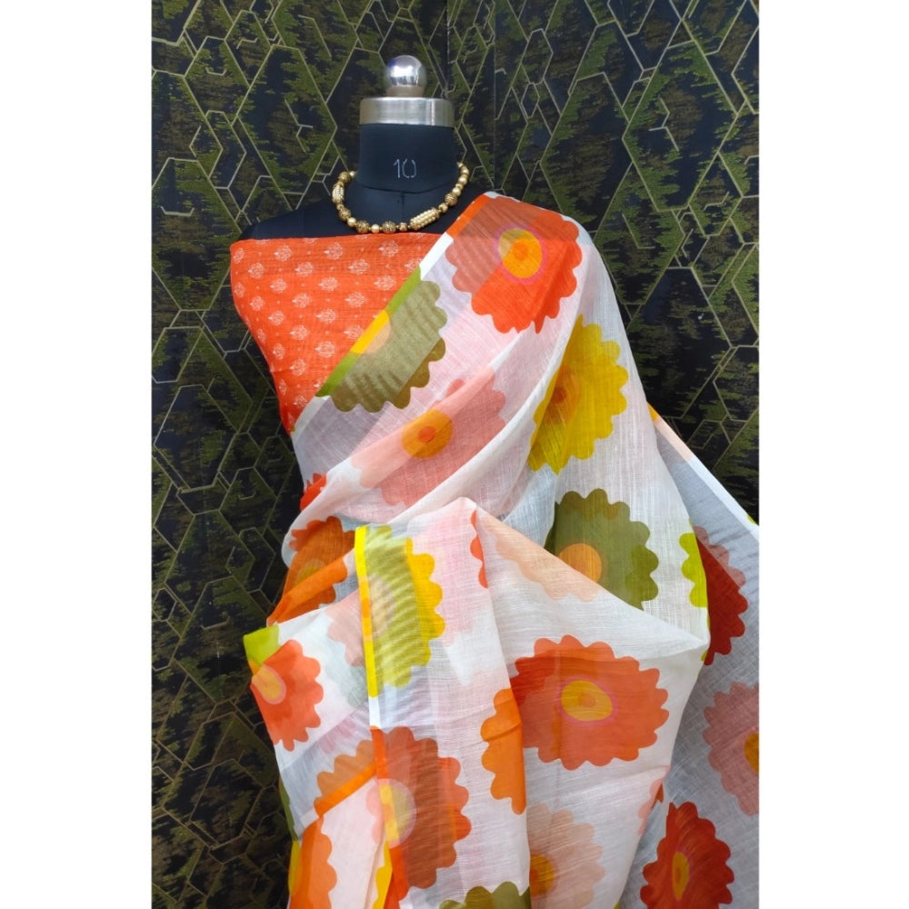 Orange cotton linen woven design saree with unstitched blouse, 5.5mtr on mannequin for Indian women's traditional attire