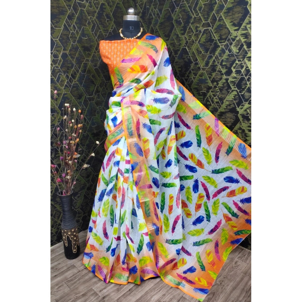 Orange cotton linen woven saree with unstitched blouse, 5.5mtr length on mannequin