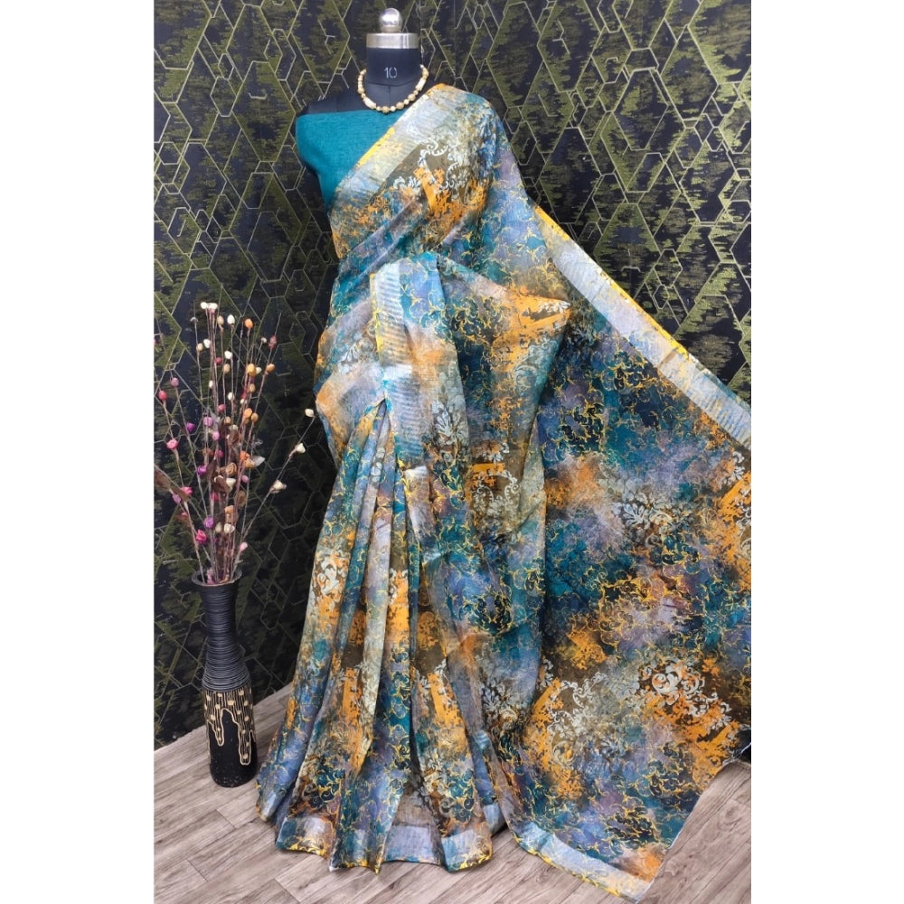 Multicolor cotton linen woven design saree with unstitched blouse, vibrant ethnic attire on mannequin