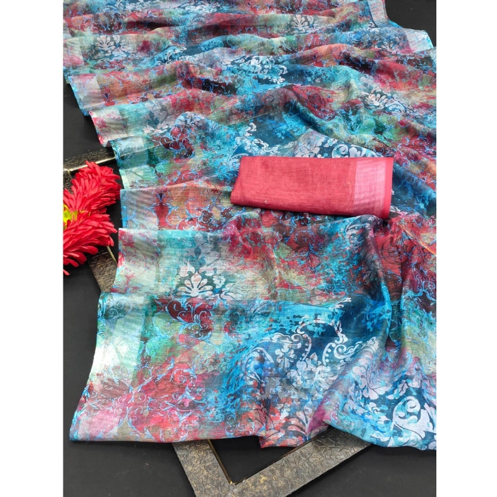 Blue cotton linen woven saree with unstitched blouse (5.5mtr)