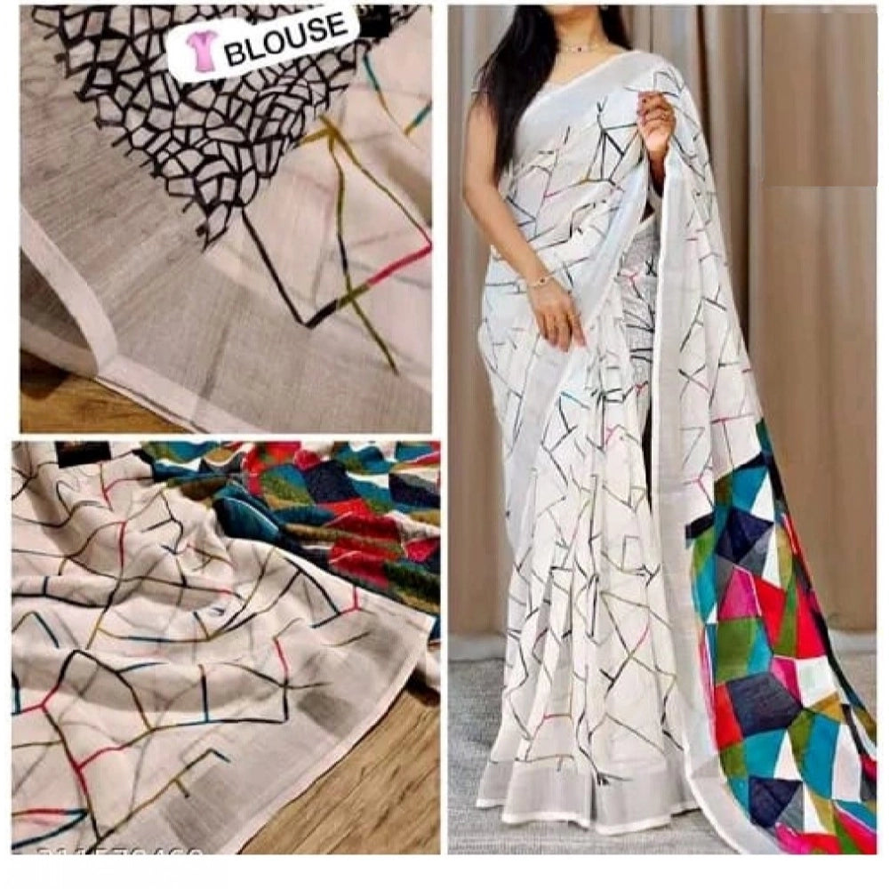 White cotton linen printed saree with unstitched blouse, 5.5Mtr on hanger