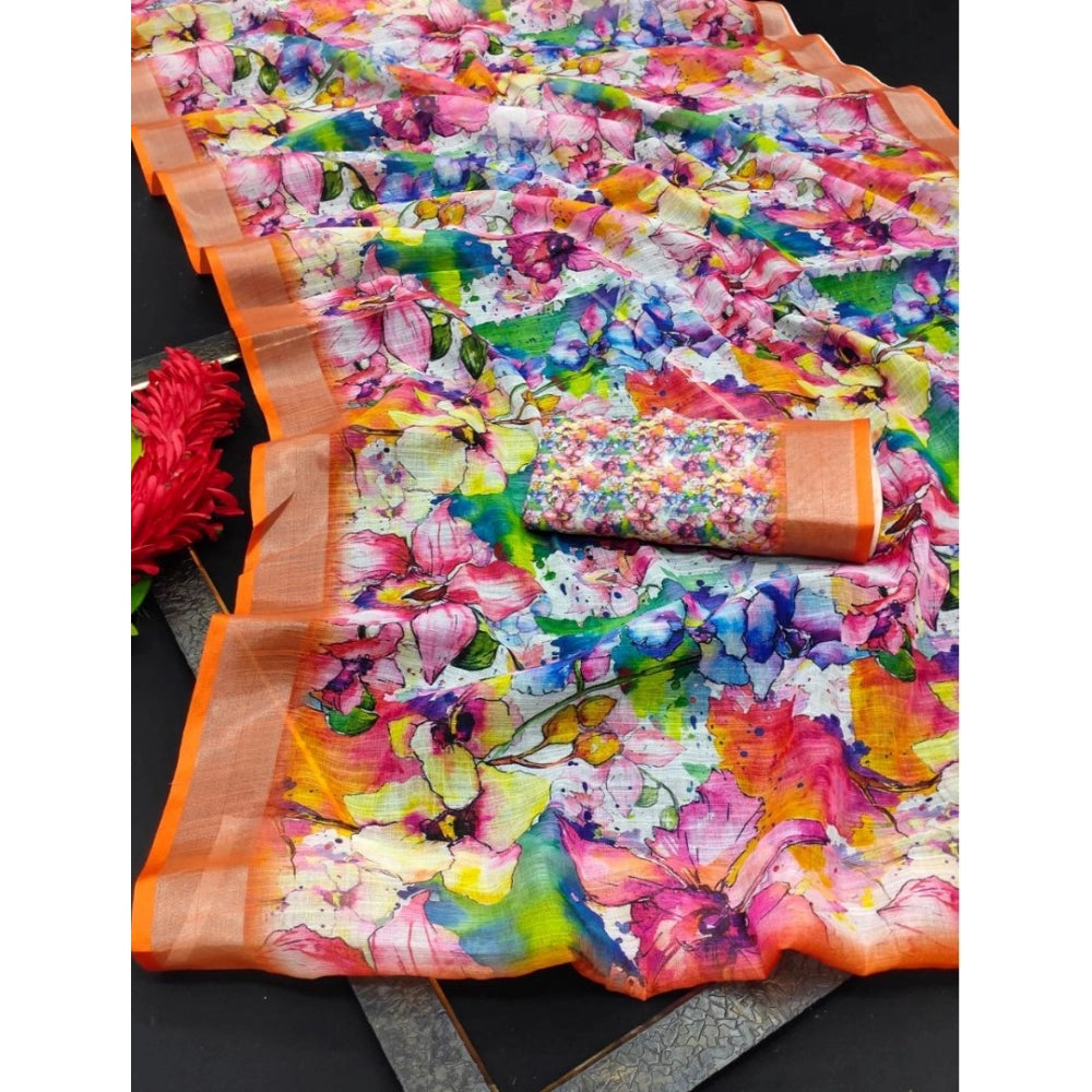Orange cotton linen printed saree with unstitched blouse, vibrant ethnic wear for women