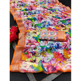 Orange cotton linen printed saree with unstitched blouse, vibrant ethnic wear for women