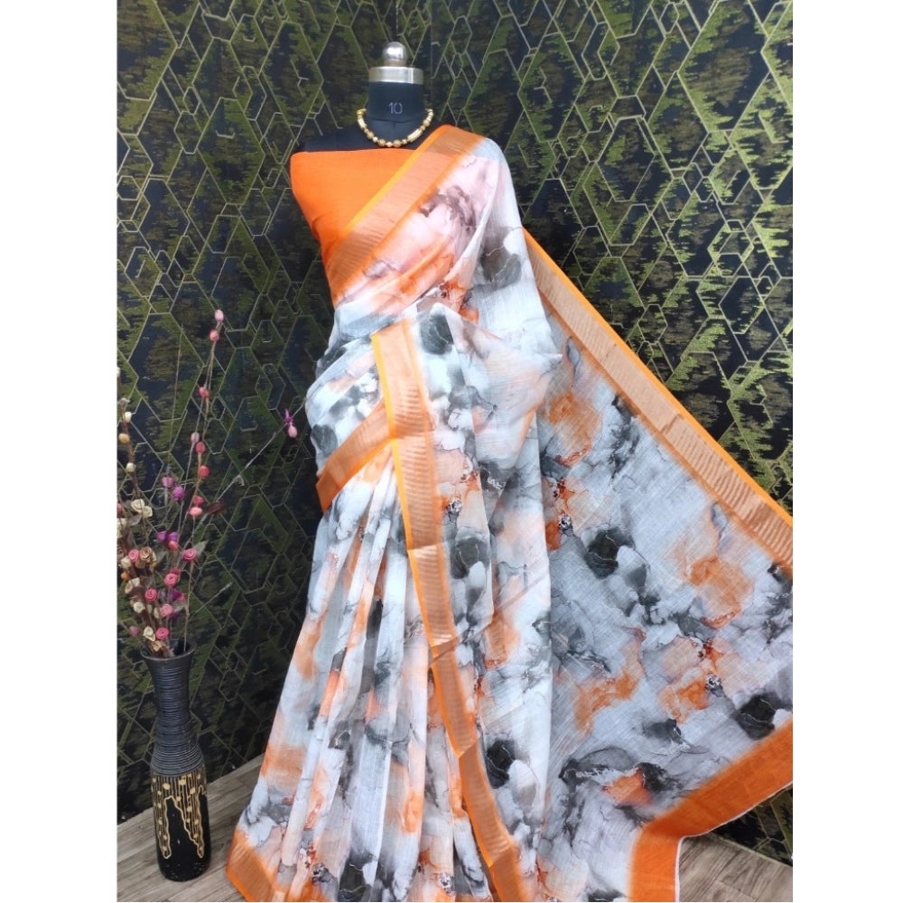 Orange cotton linen woven saree with unstitched blouse (5.5mtr), traditional Indian women's fashion accessory