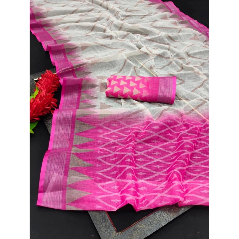 Pink cotton-linen woven design saree with unstitched blouse (5.5mtr), classic Indian fashion wear
