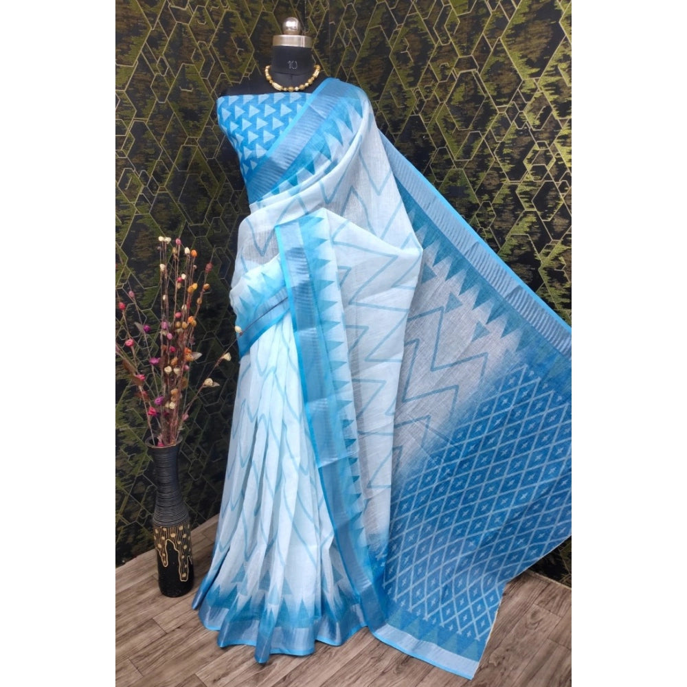 Sky blue cotton linen woven design saree with unstitched blouse, 5.5mtr length