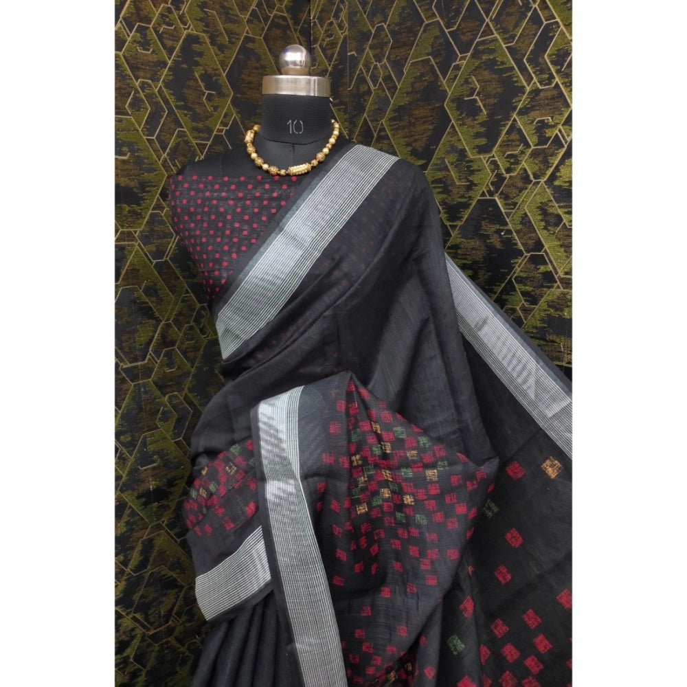 Black cotton linen digital print saree with unstitched blouse (5.5Mtr)