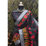Black cotton linen digital print saree with unstitched blouse, stylish women's fashion accessory