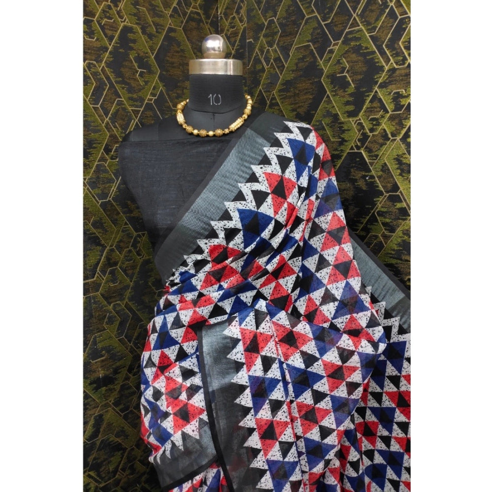 Black cotton linen printed saree with unstitched blouse, vibrant pattern for Indian women's fashion