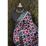 Black cotton linen printed saree with unstitched blouse, vibrant pattern for Indian women's fashion
