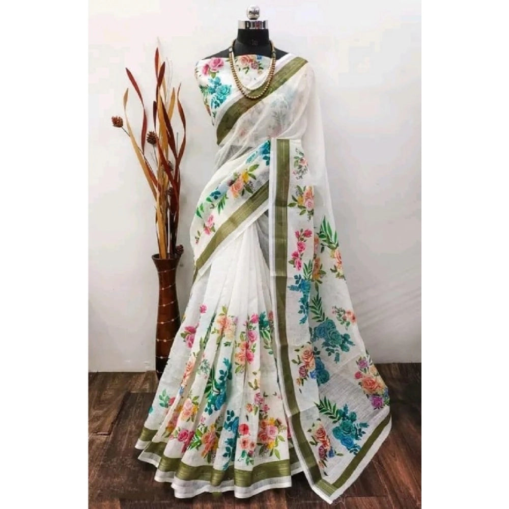 Multicolor cotton linen printed saree with unstitched blouse, vibrant ethnic wear for women