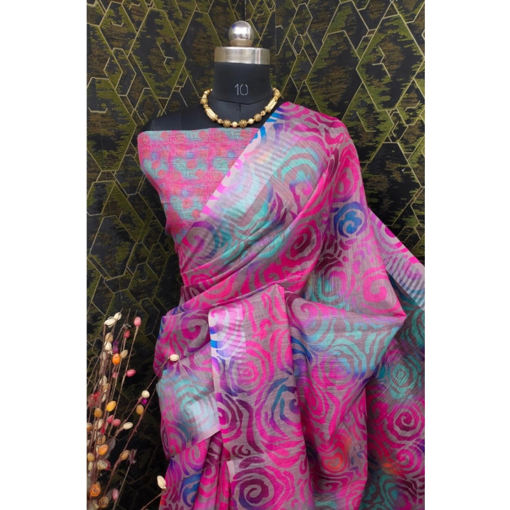 Pink cotton linen woven design saree with unstitched blouse, 5.5Mtr length on mannequin