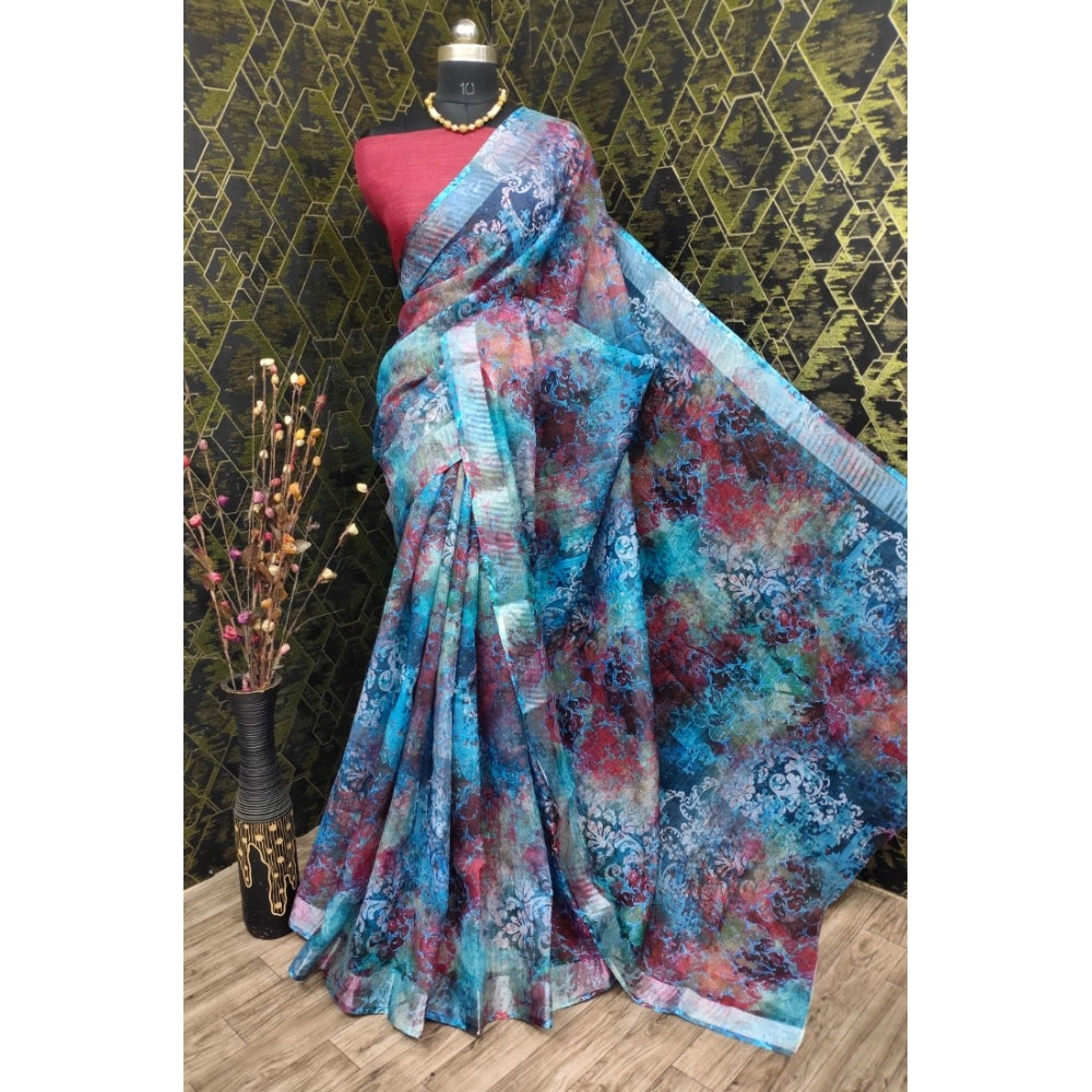 Blue cotton linen woven design saree with unstitched blouse (5.5mtr), traditional Indian women's attire